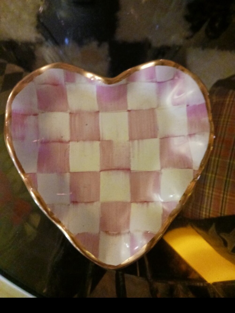 Mackenzie Childs Hand-Painted Heart-Shaped Ceramic Dish - Pink and White